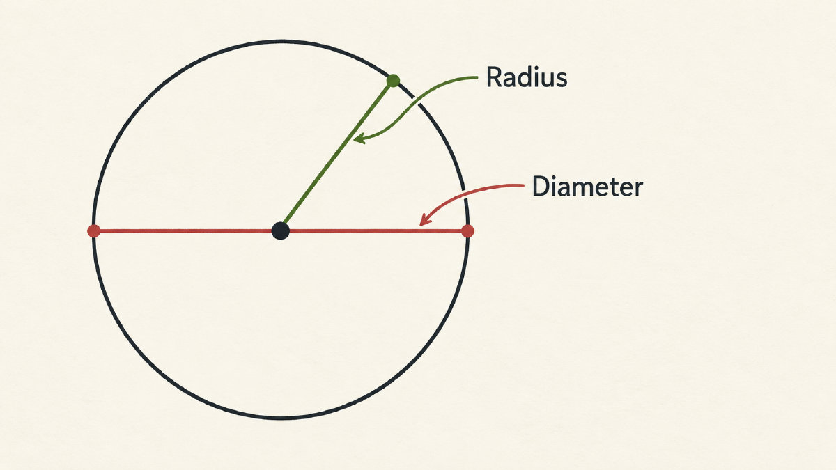 Circle diagram comparing a center-to-perimeter radius with a diameter passing through the center.